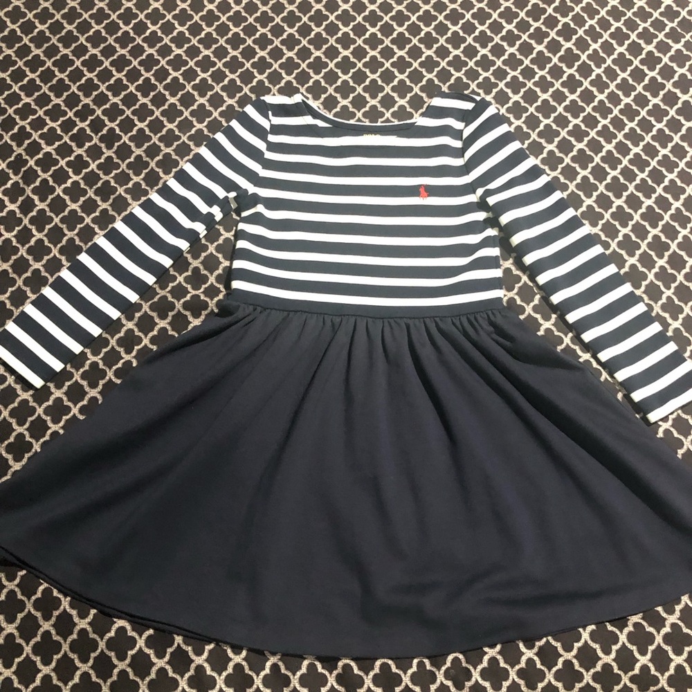 Polo Ralph Lauren Girls Blue White Long Sleeve Sailor Red Logo Dress Sz 6 Cc27